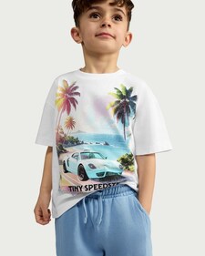 F&F Boys 2-Piece Pure Cotton Tiny Speedster T-Shirt and Shorts Set in Multi Blue