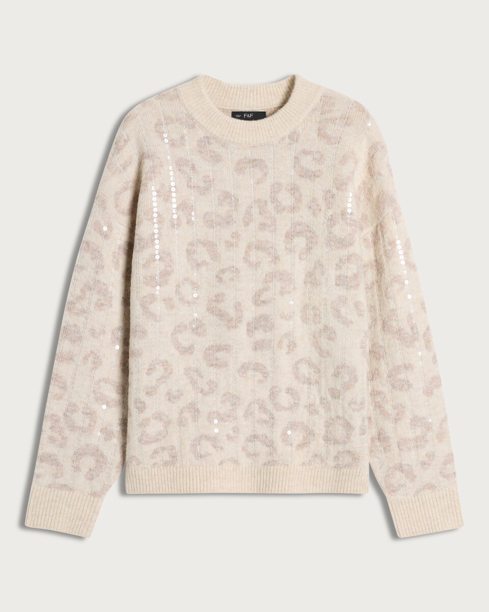 image 1 of F&F Textured Leopard Print Sequin Jumper in Neutral