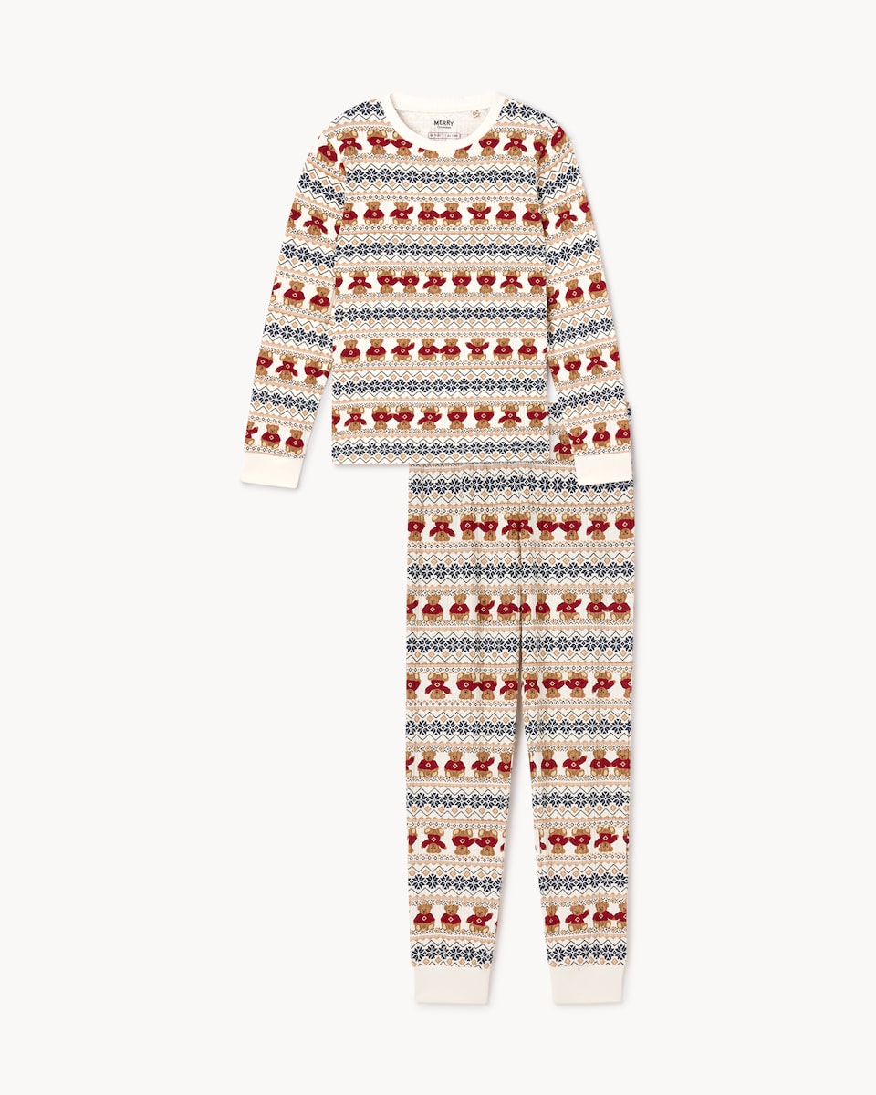 image 1 of Christmas Kids Cotton Rich Bear Fair Isle Matching Family Pyjama Set in Cream