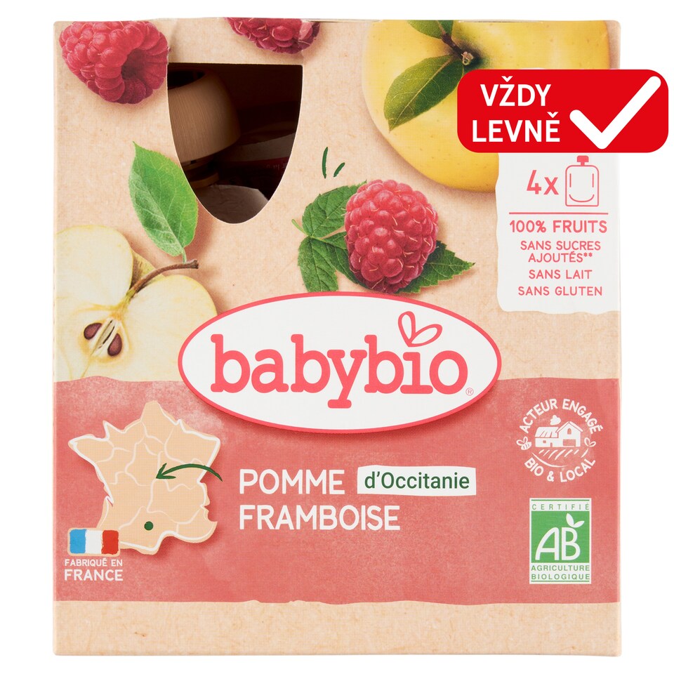 Babybio Organic Fruit Pouches Apple Raspberry 4 x 90g (360g)