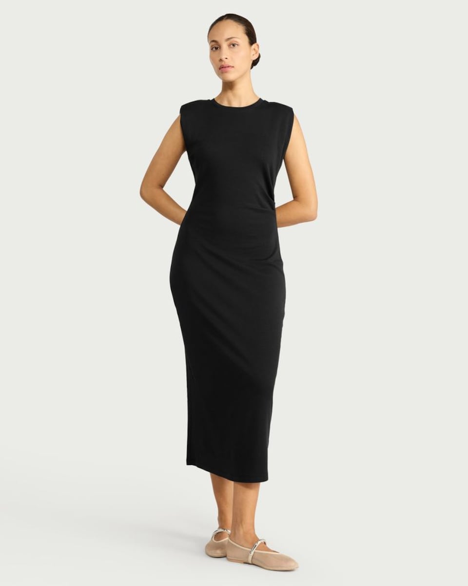 image 1 of F&F Sleeveless Ruched Side Midi Dress in Black