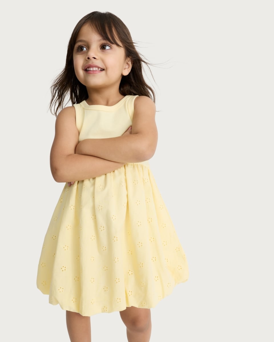 image 1 of F&F Girls Cotton Rich Broderie Sleeveless Dress in Yellow
