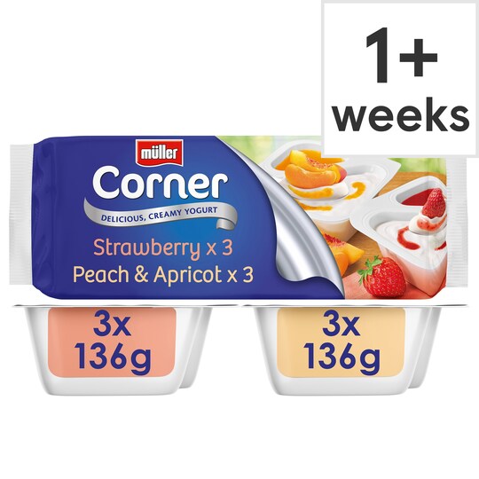Muller Corner Strawberry Peach & Apricot Yogurts 6 X 136G Tesco Groceries