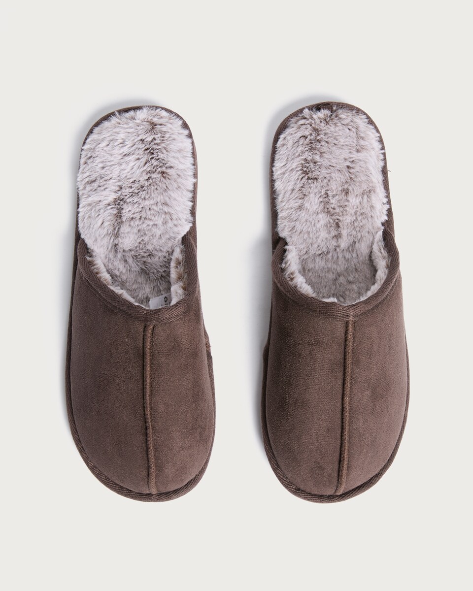 image 1 of F&F Faux Suede Fur Lined Mule Slippers in Brown