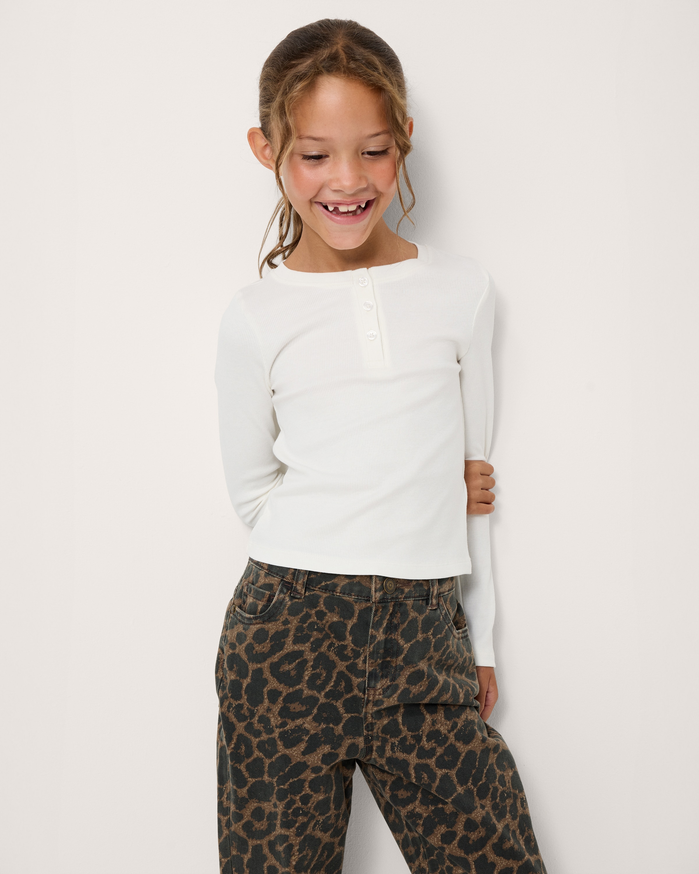 F&F Girls Cotton Rich Ribbed Henley Top in White