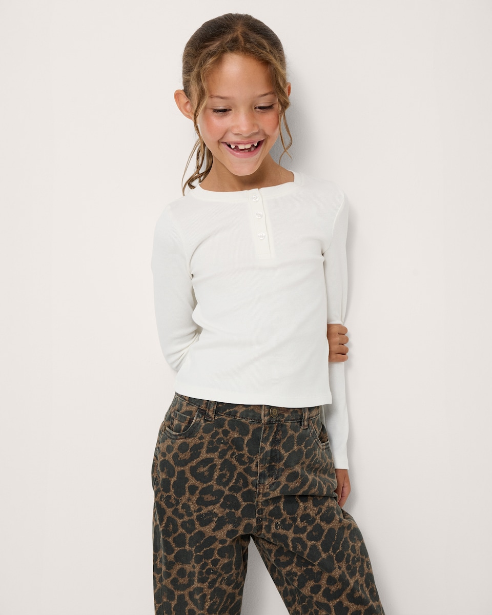 image 1 of F&F Girls Cotton Rich Ribbed Henley Top in White