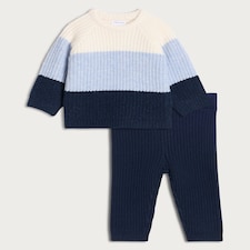 F&F Baby Knitted Colour Block Jumper and Leggings Set in Blue