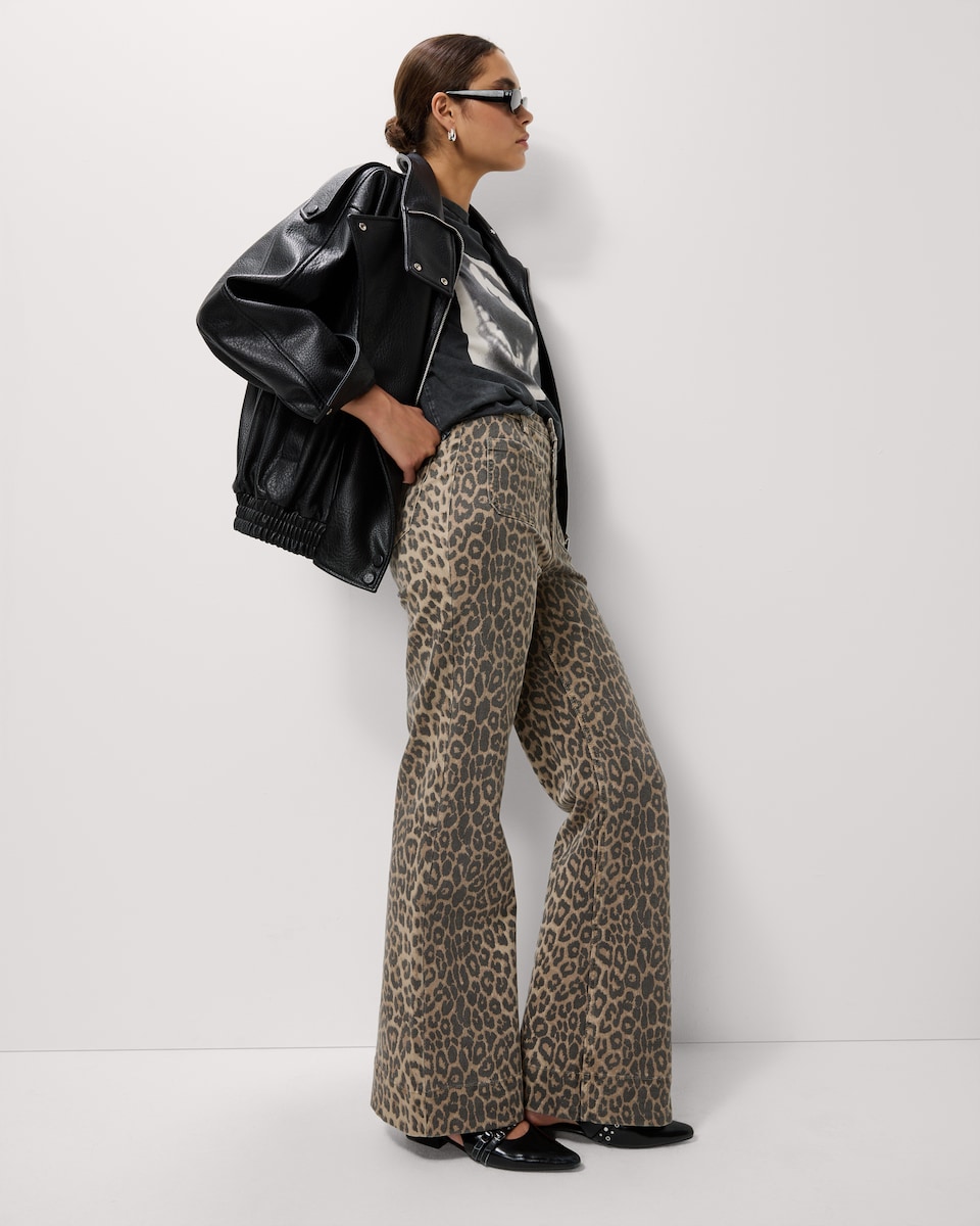 image 1 of F&F Leopard Print Flared Jeans in Brown