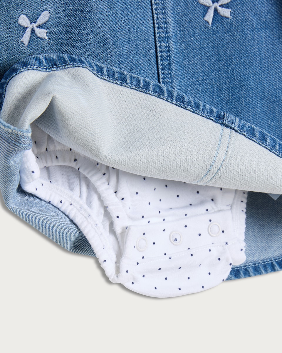 image 1 of F&F Baby 3-Piece Cotton Rich Denim Pinafore, Bodysuit and Tights Set in Blue