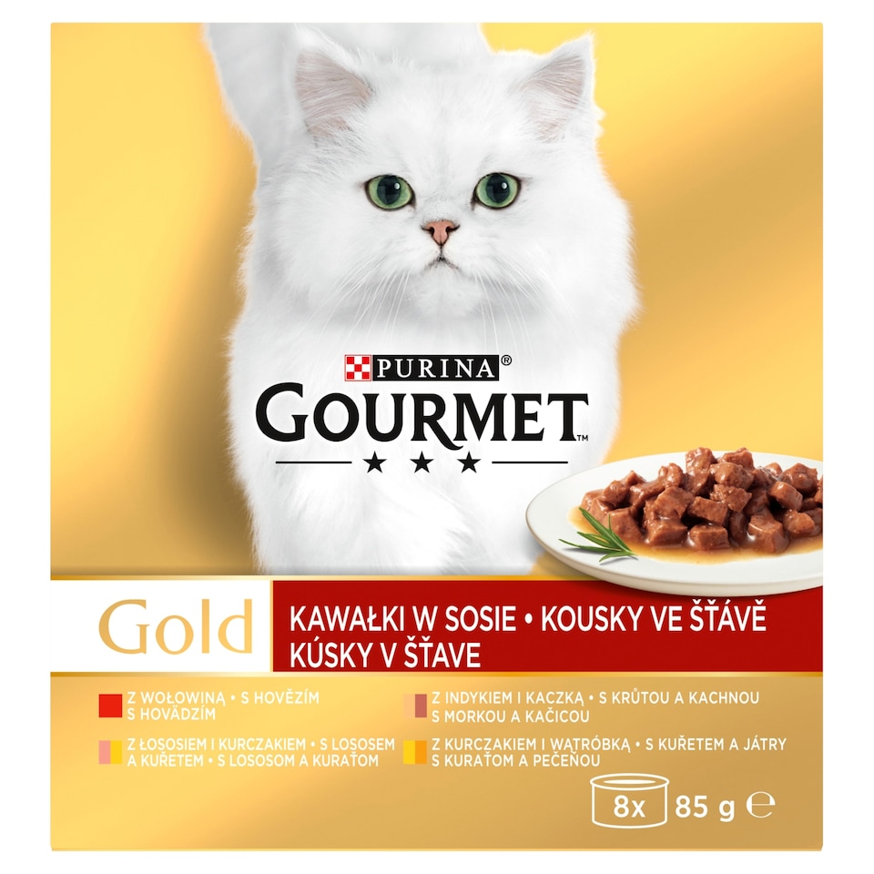 obrázok 1 z Gourmet Gold konzervy pre mačky hovädzie, morka a kačica, losos a kura, kura, pečeň v šťave 8 x 85 g