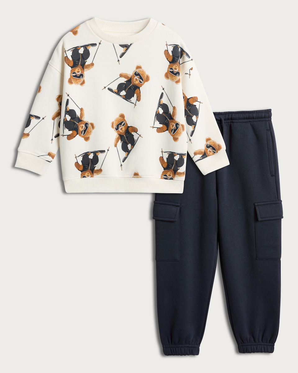 image 1 of F&F Boys 2-Piece Cotton Rich SKiing Bear Sweatshirt and Joggers Set in Cream