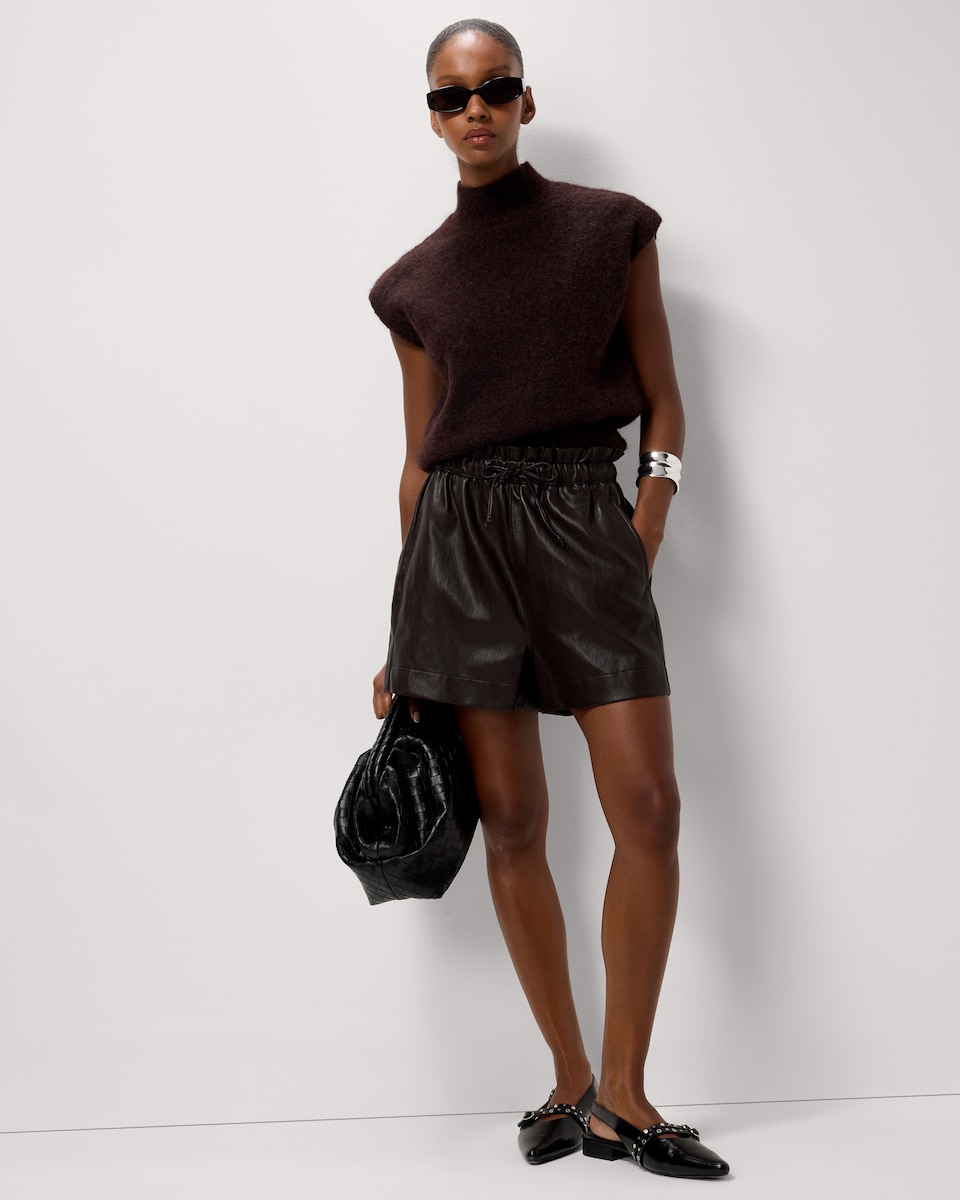 image 1 of F&F Faux Leather Drawstring Shorts in Chocolate