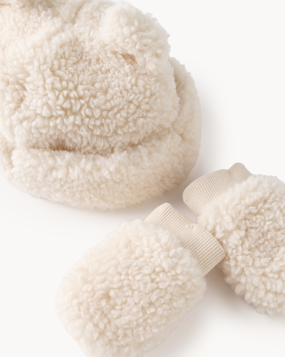 image 1 of F&F Baby Borg Hat and Mittens Set in Ecru