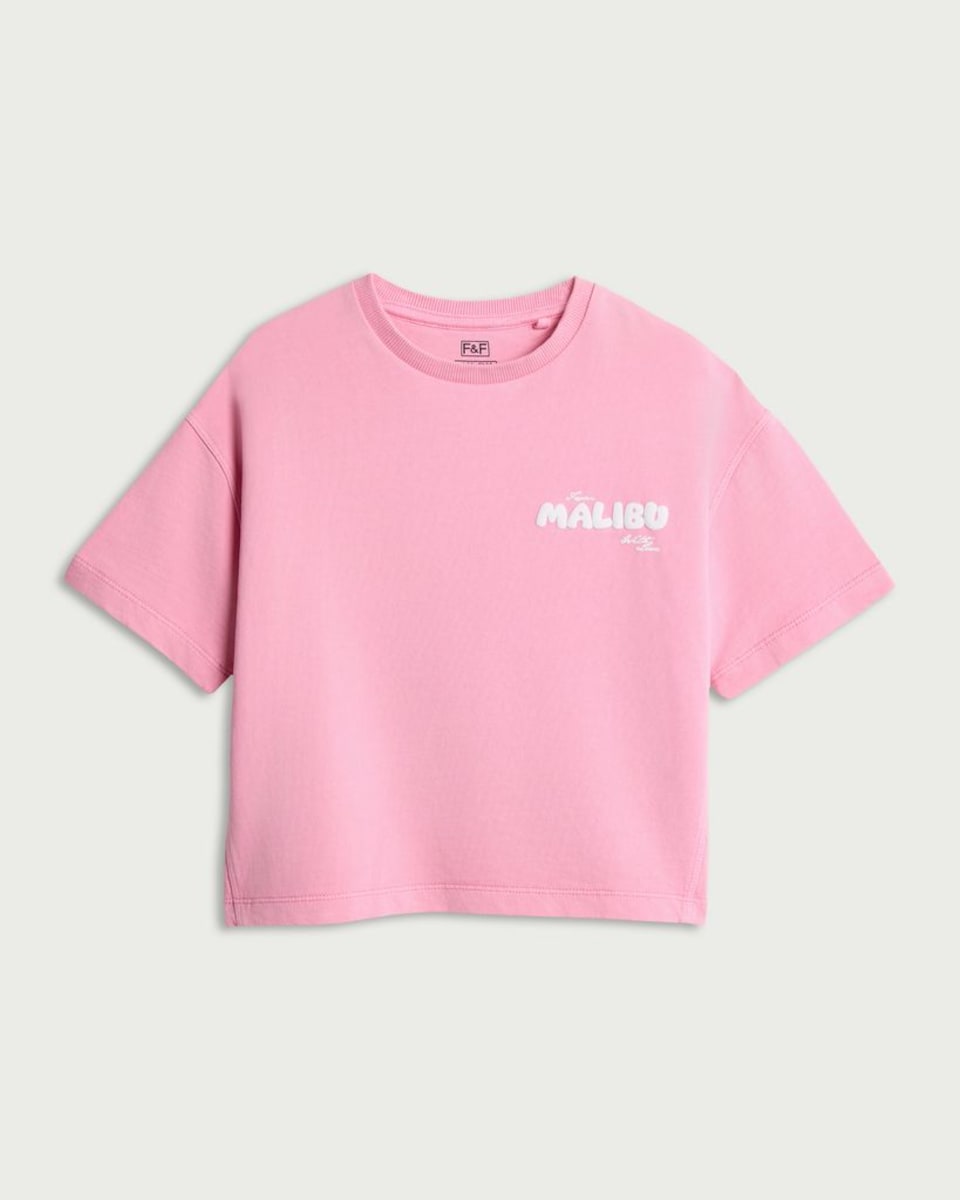 image 1 of F&F Girls Pure Cotton Malibu Print Co-ord T-Shirt in Pink