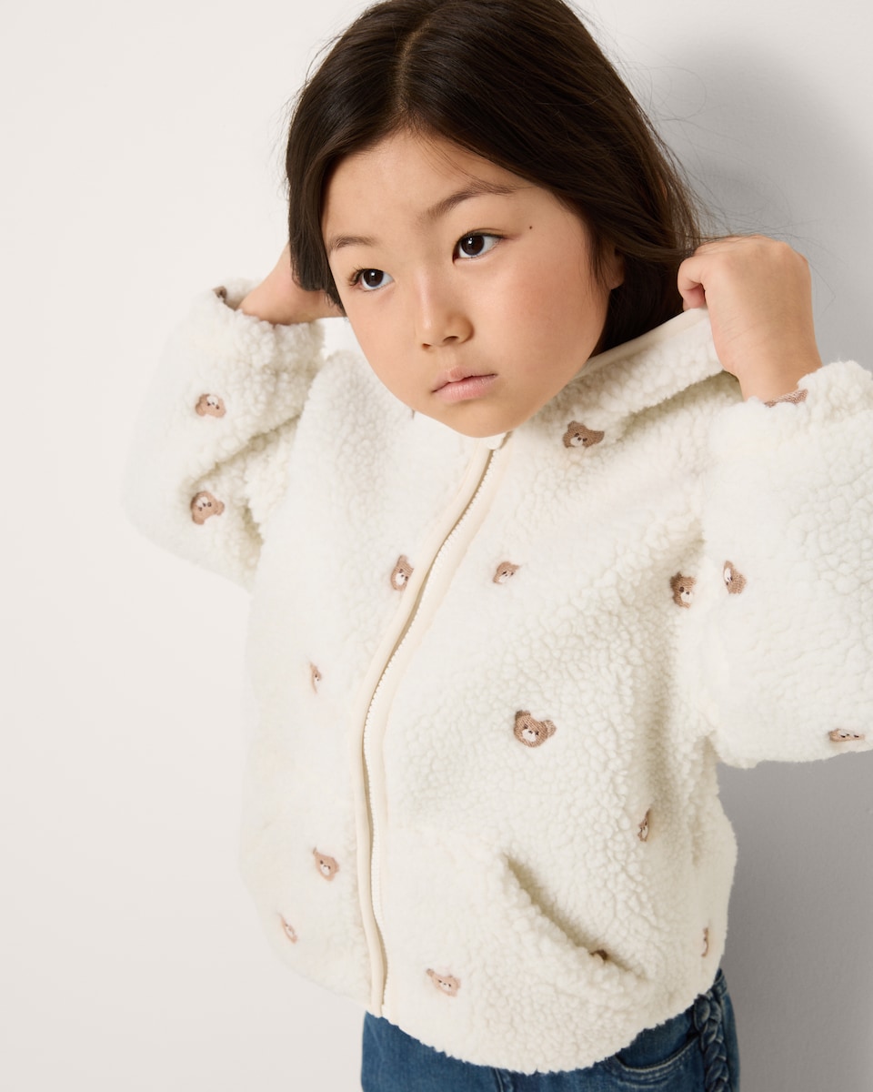 image 1 of F&F Girls Borg Bear Embroidered Hooded Jacket in Cream