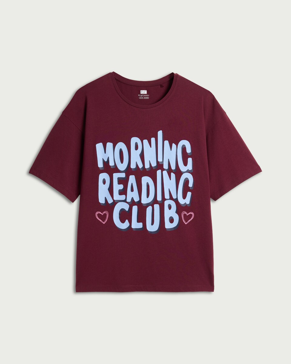 image 1 of F&F Pure Cotton Morning Reading Club Pyjama Top in Burgundy