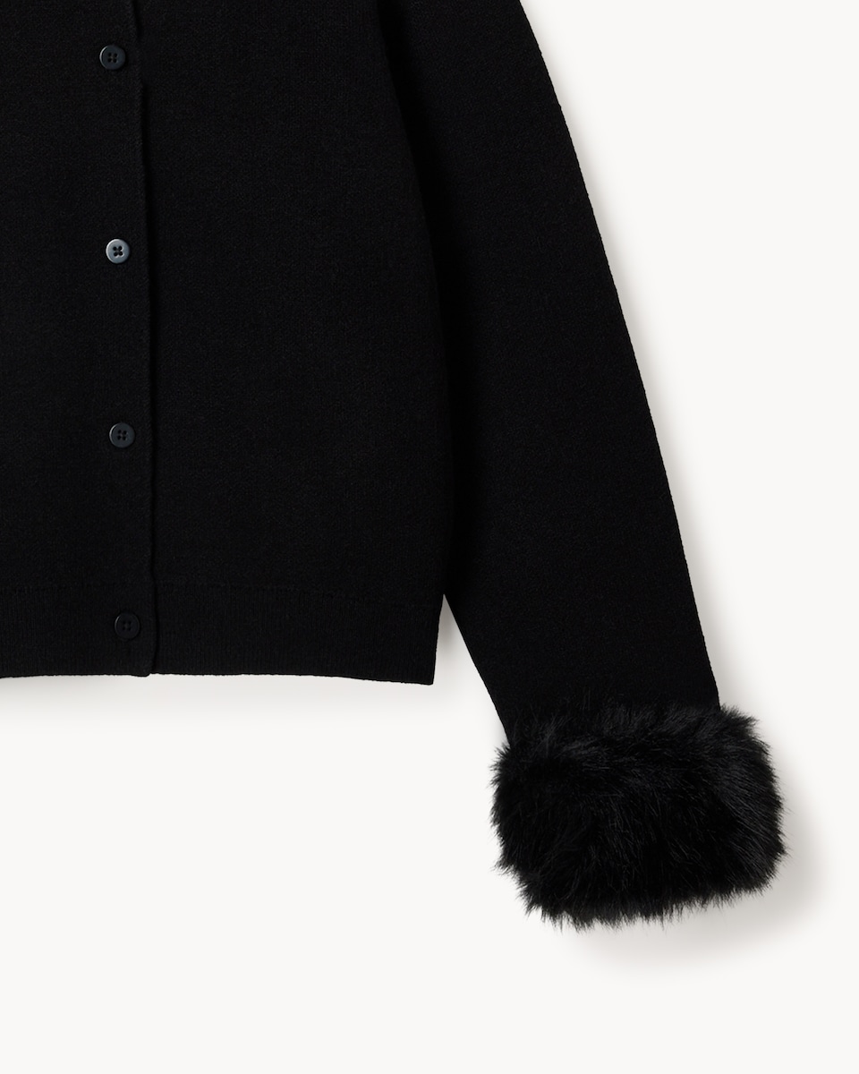 image 1 of F&F Girls Faux Fur Cuff Cardigan in Black