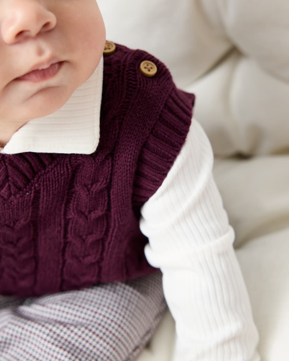 image 1 of F&F Baby Cotton Rich Knitted Vest, Bodysuit and Trousers Set in Burgundy