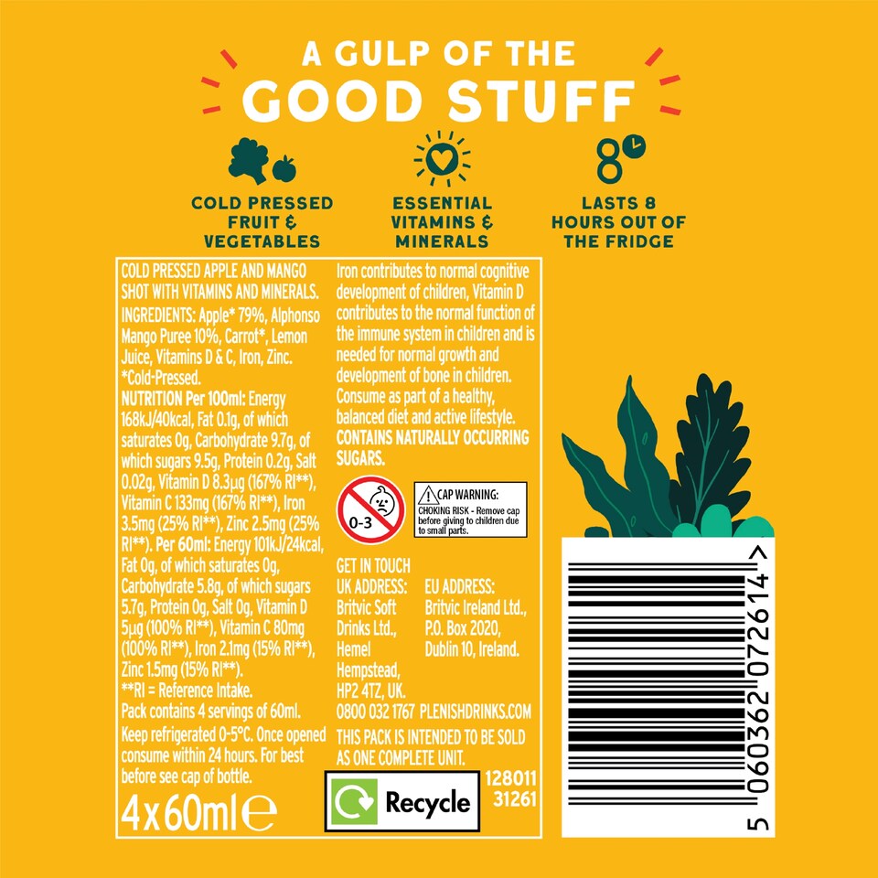 image 1 of Plenish Kids Mango Vitamin Shots 4x60ml