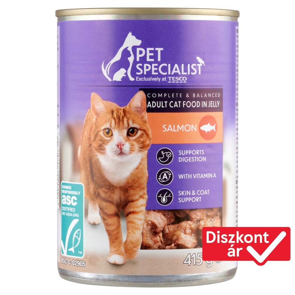 Pet Specialist teljes értékű állateledel felnőtt macskák számára, falatkák lazaccal aszpikban 415 g