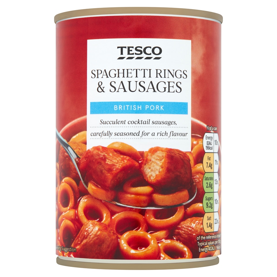 Tesco Spaghetti Rings Sausages In Tomato Sauce 410G
