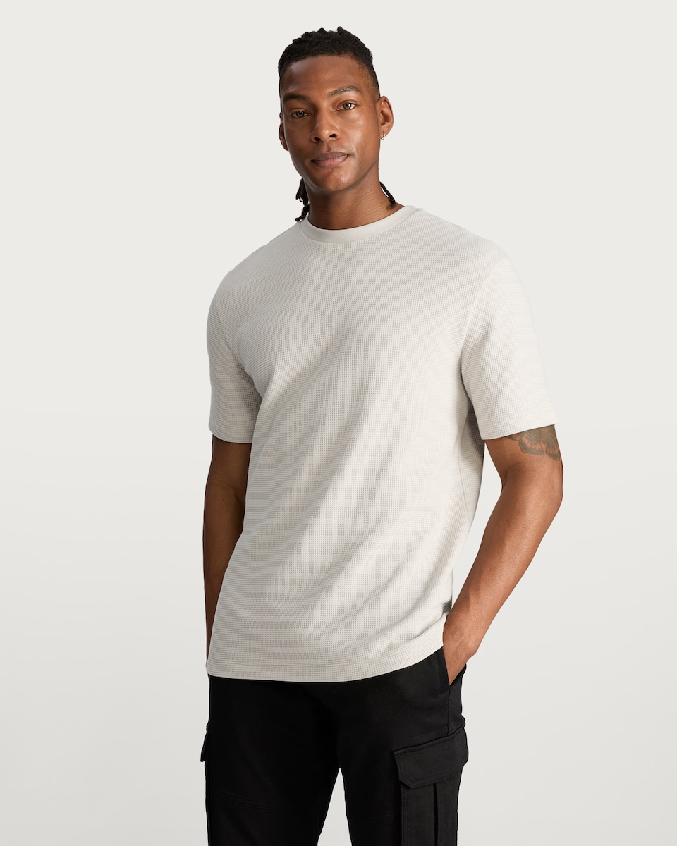 image 1 of F&F Pure Cotton Waffle Textured Regular Fit T-Shirt in Grey