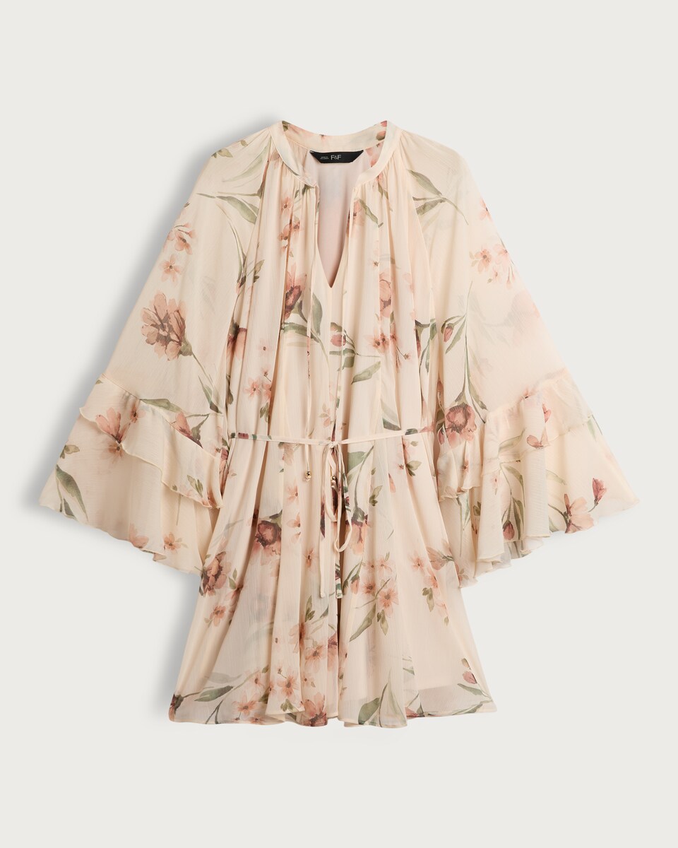 image 1 of F&F Floral Print Tie Waist Mini Dress in Cream