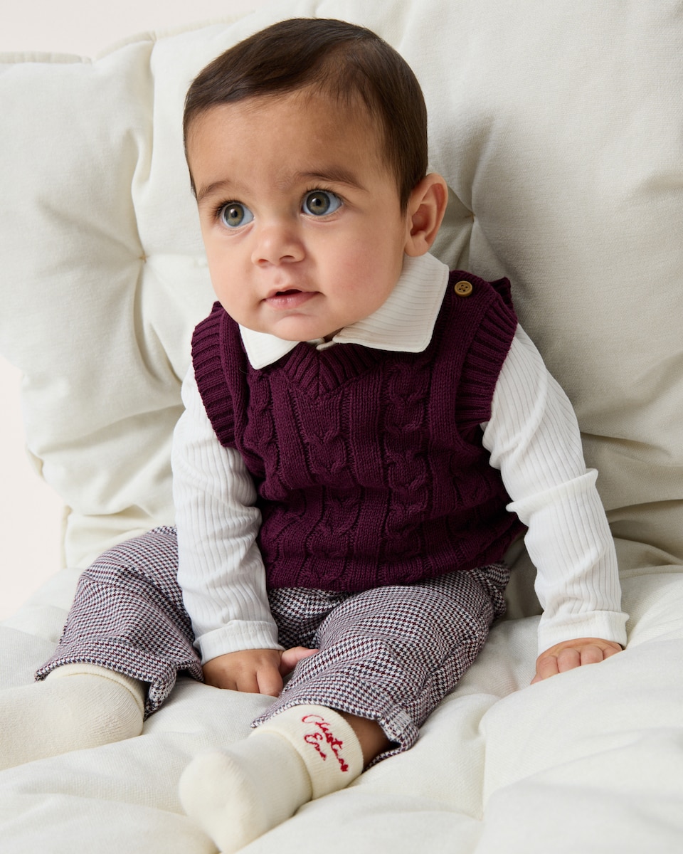 image 1 of F&F Baby Cotton Rich Knitted Vest, Bodysuit and Trousers Set in Burgundy