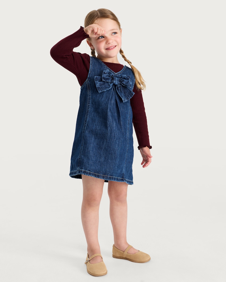 image 1 of F&F Girls 2-Piece Pure Cotton Denim Bow Dress and T-Shirt Set in Multi Blue