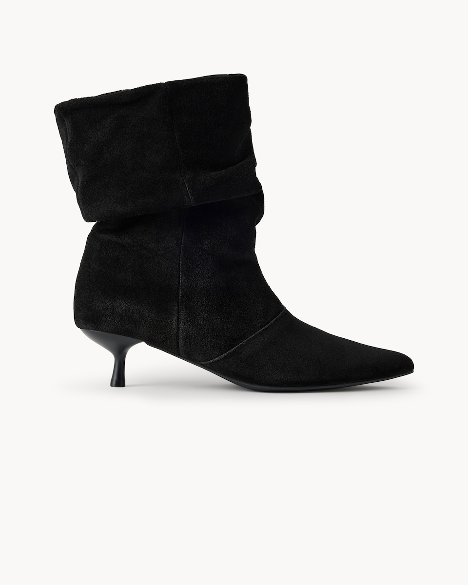 image 1 of SACHA Suede Kitten Heel Slouchy Boots in Black