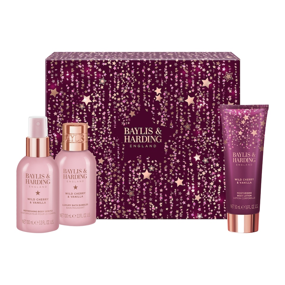 image 1 of Baylis & Harding Wild Cherry & Vanilla Gift Wrapped Pamper Trio Gift Set