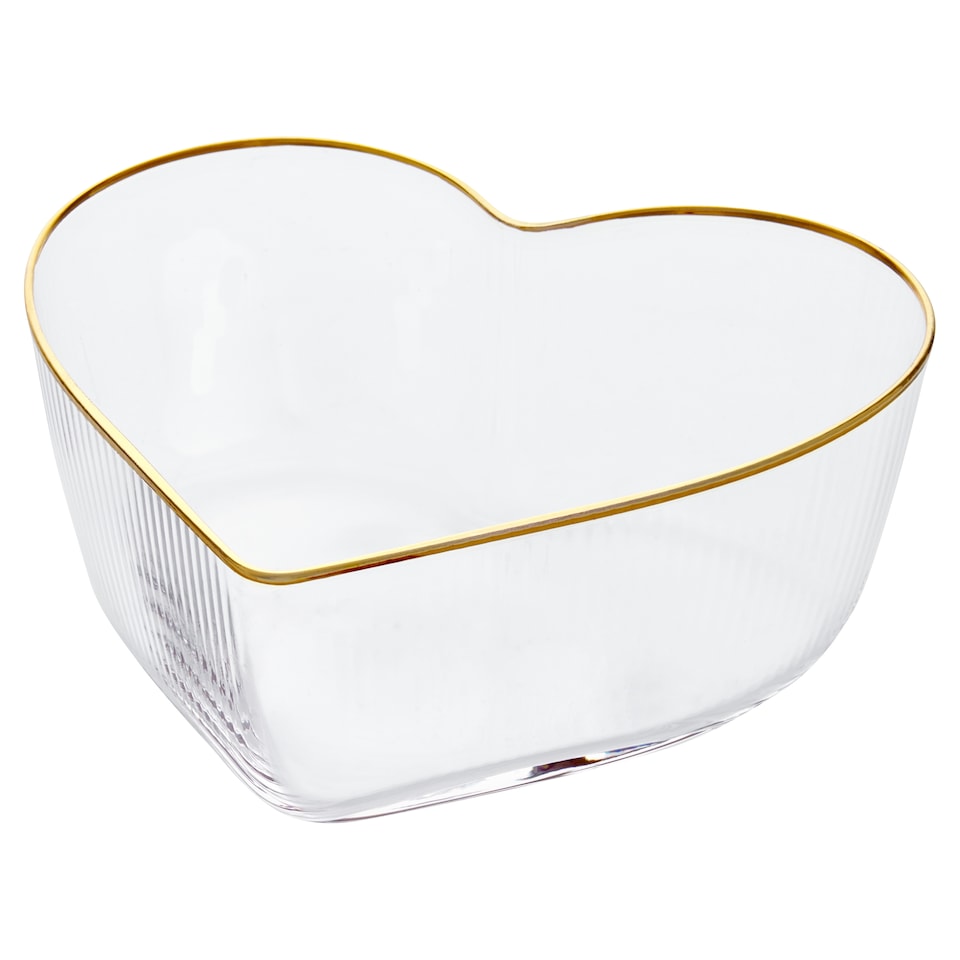 F&F Home Valentines Heart Shaped Ribbed Glass Bowl Gold