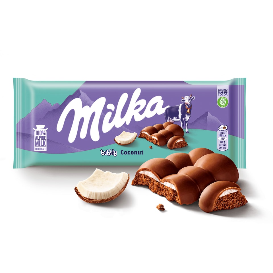 Milka Bubbly Coconut mliečna čokoláda z alpského mlieka s poréznou kokosovou náplňou 97 g