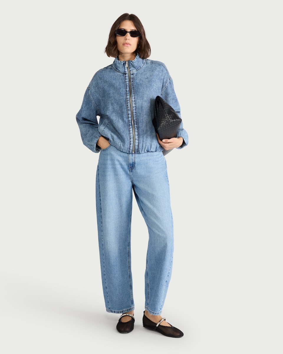 image 1 of F&F Funnel Neck Bubble Hem Denim Jacket in Blue