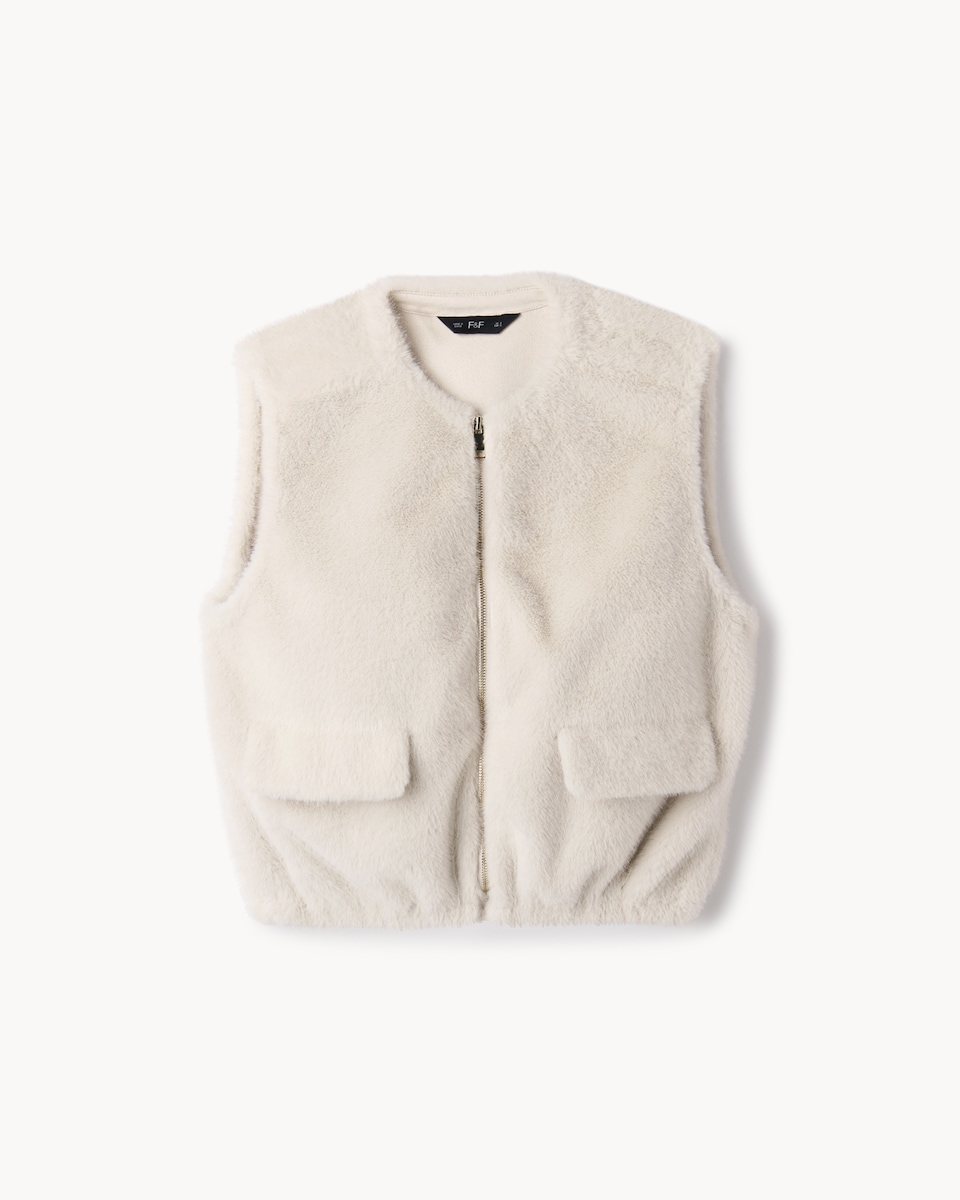 image 1 of F&F Faux Fur Zip Up Gilet in Cream