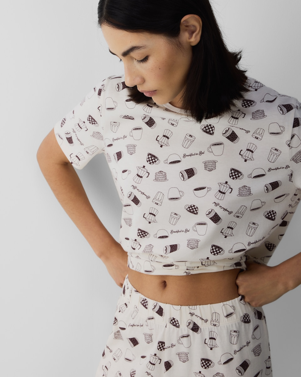 image 1 of F&F Pure Cotton Breakfast Print Pyjama Set in Cream
