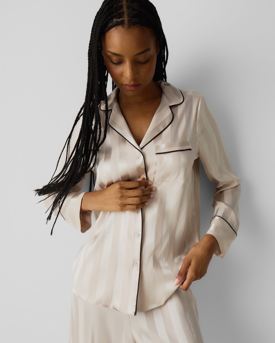 image 1 of F&F CoolEase™ Satin Jacquard Striped Pyjama Set in Cream