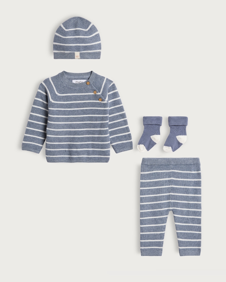 image 1 of F&F Baby 4-Piece Knitted Stripe Jumper, Leggings, Hat and Socks Set in Multi Blue