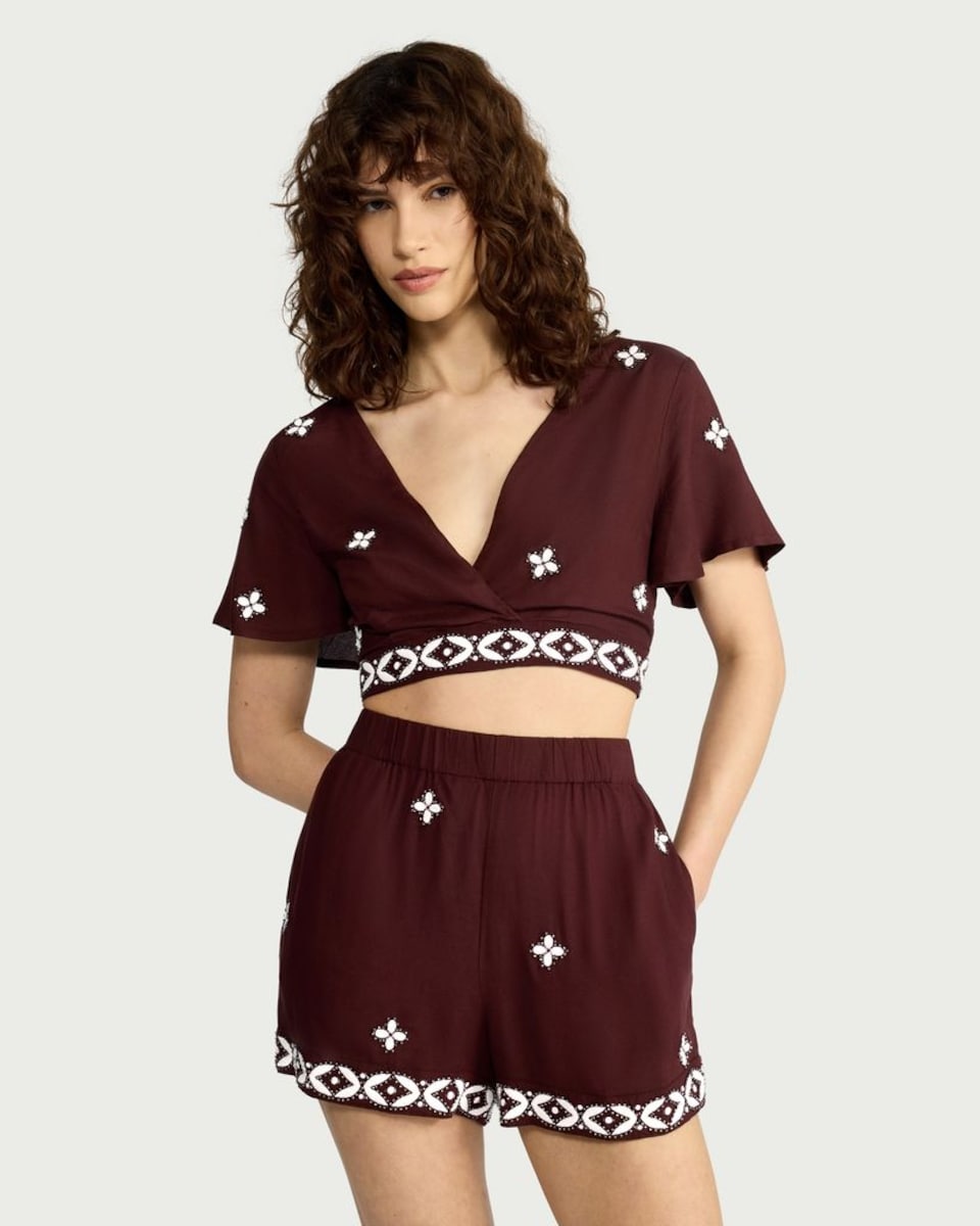 image 1 of F&F Embroidered Tie-Back Co-ord Wrap Top in Burgundy