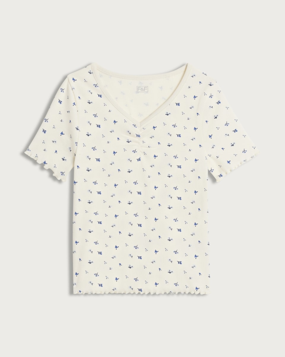 image 1 of F&F Girls Cotton Rich Floral Print V Neck T-Shirt in White