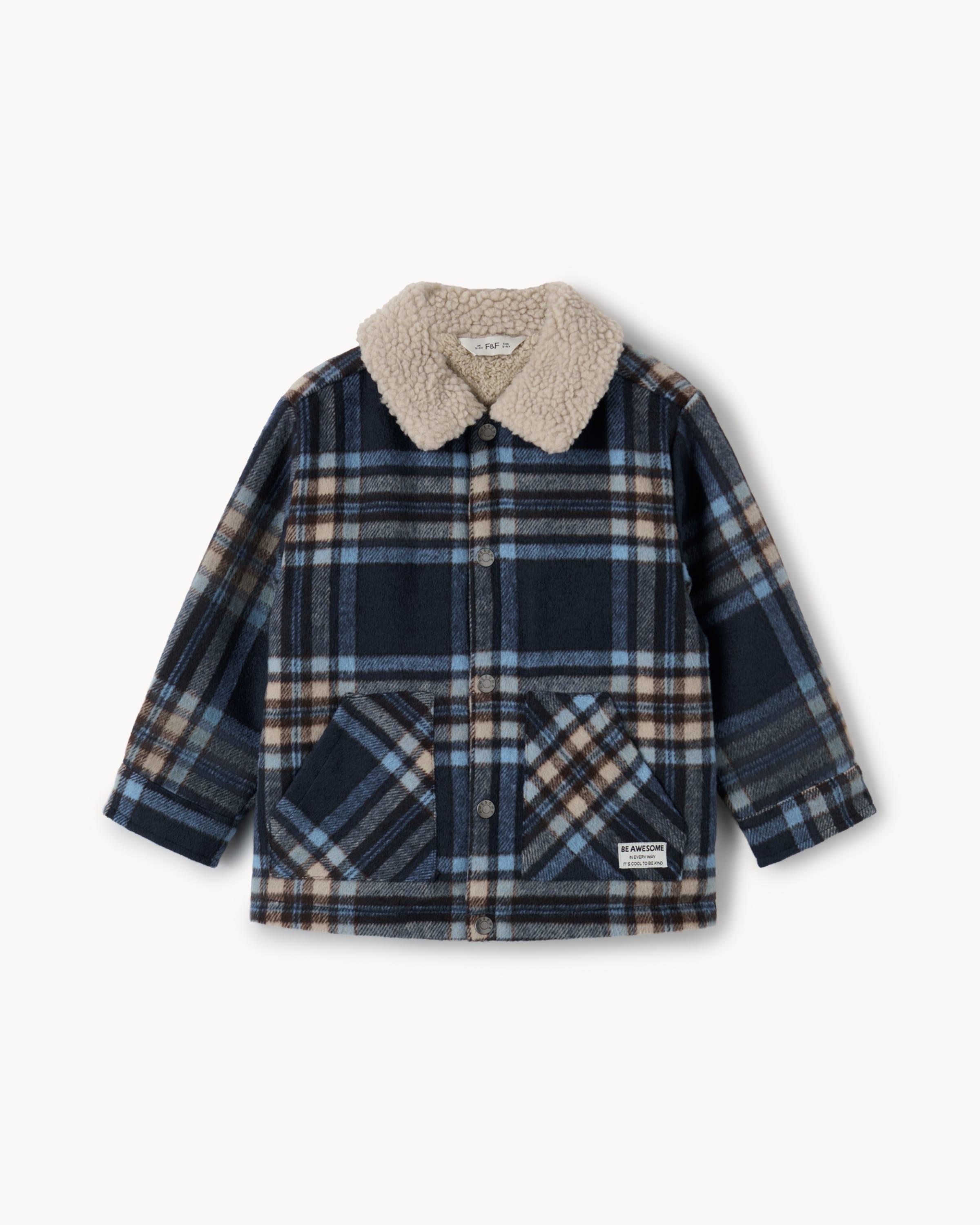 F&F Boys Checked Borg Jacket in Navy