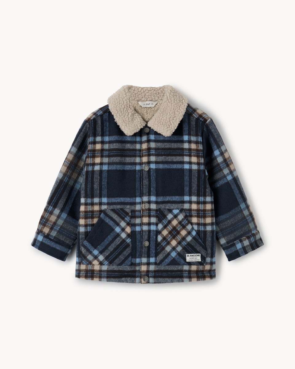 image 1 of F&F Boys Checked Borg Jacket in Navy