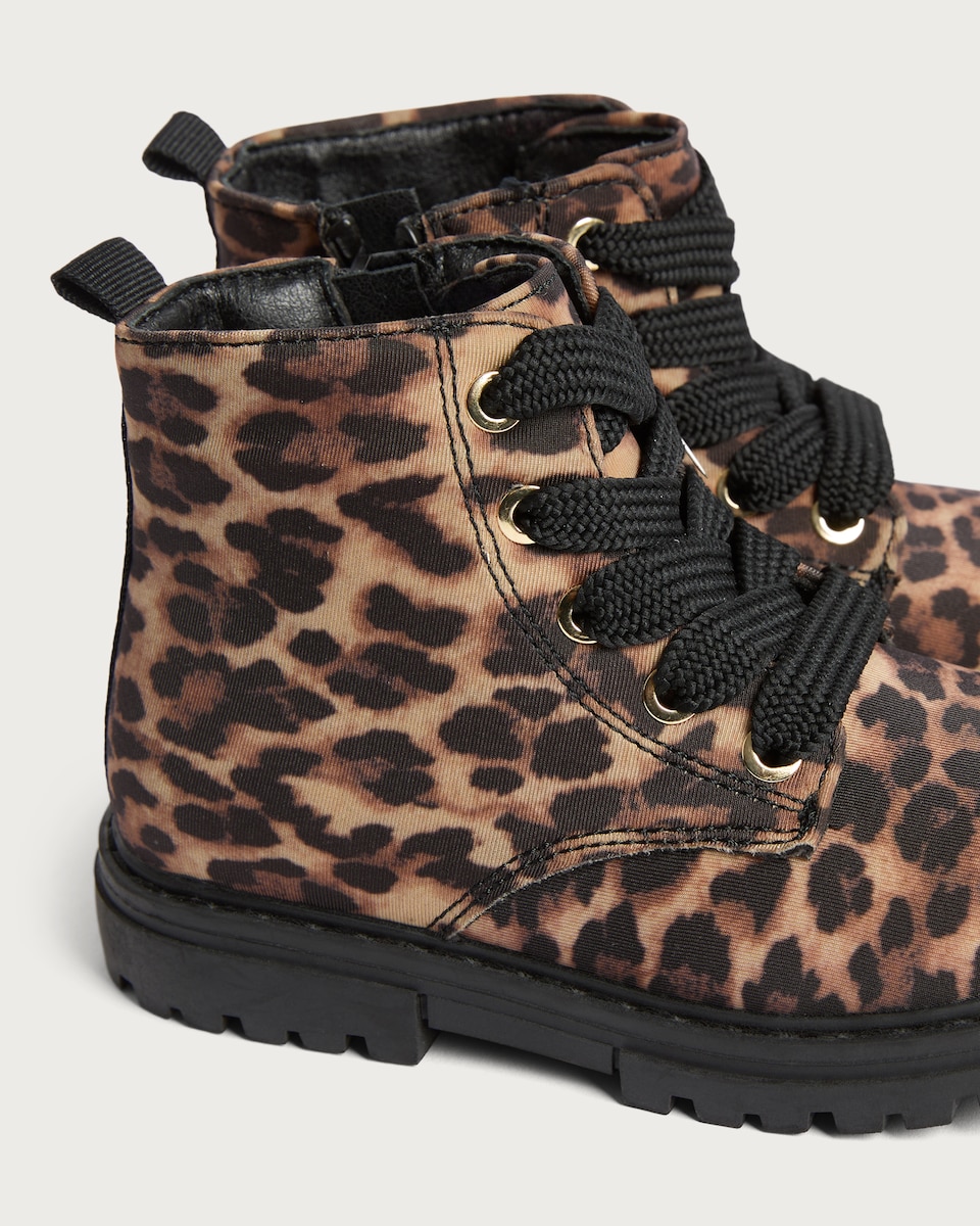 image 1 of F&F Girls Leopard Print Lace Up Boots in Multi Brown