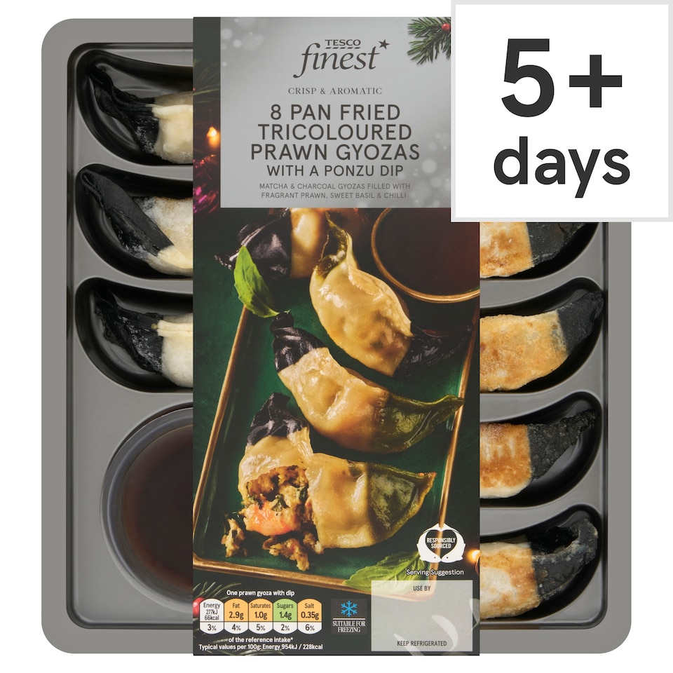 Tesco Finest 8 Pan Fried Tri Coloured Prawn Gyoza 230g.