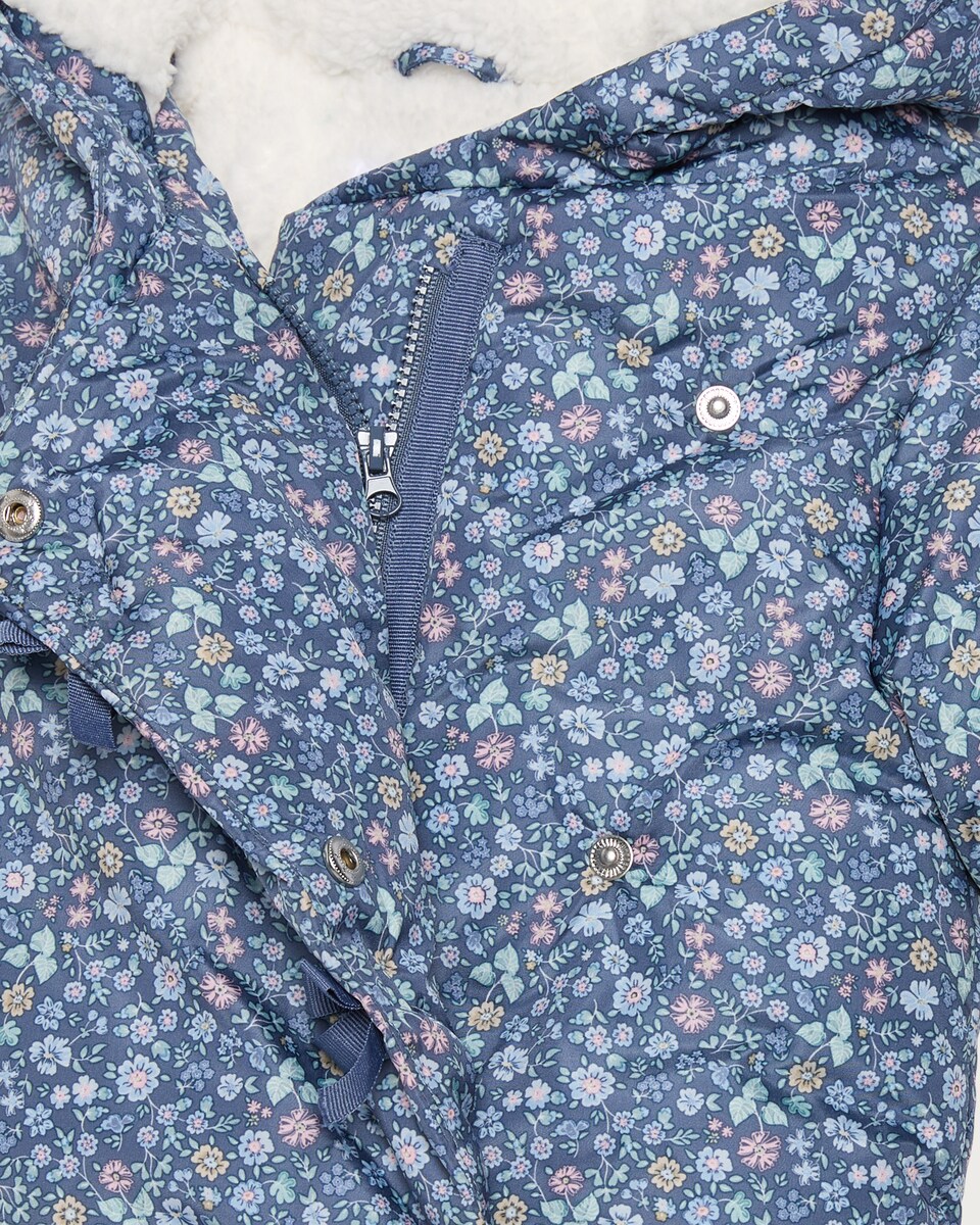 image 1 of F&F Baby Floral Print Wrap Front Shower Resistant Jacket in Blue