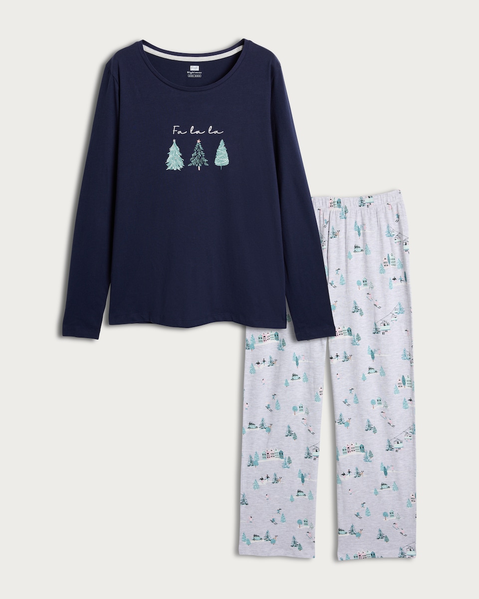 image 1 of F&F Cotton Rich Fa La La Top and Trousers Pyjamas in Navy