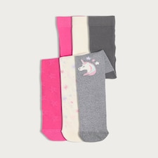 F&F Girls 3-Pack Cotton Rich Unicorn and Star Print Tights in Multi