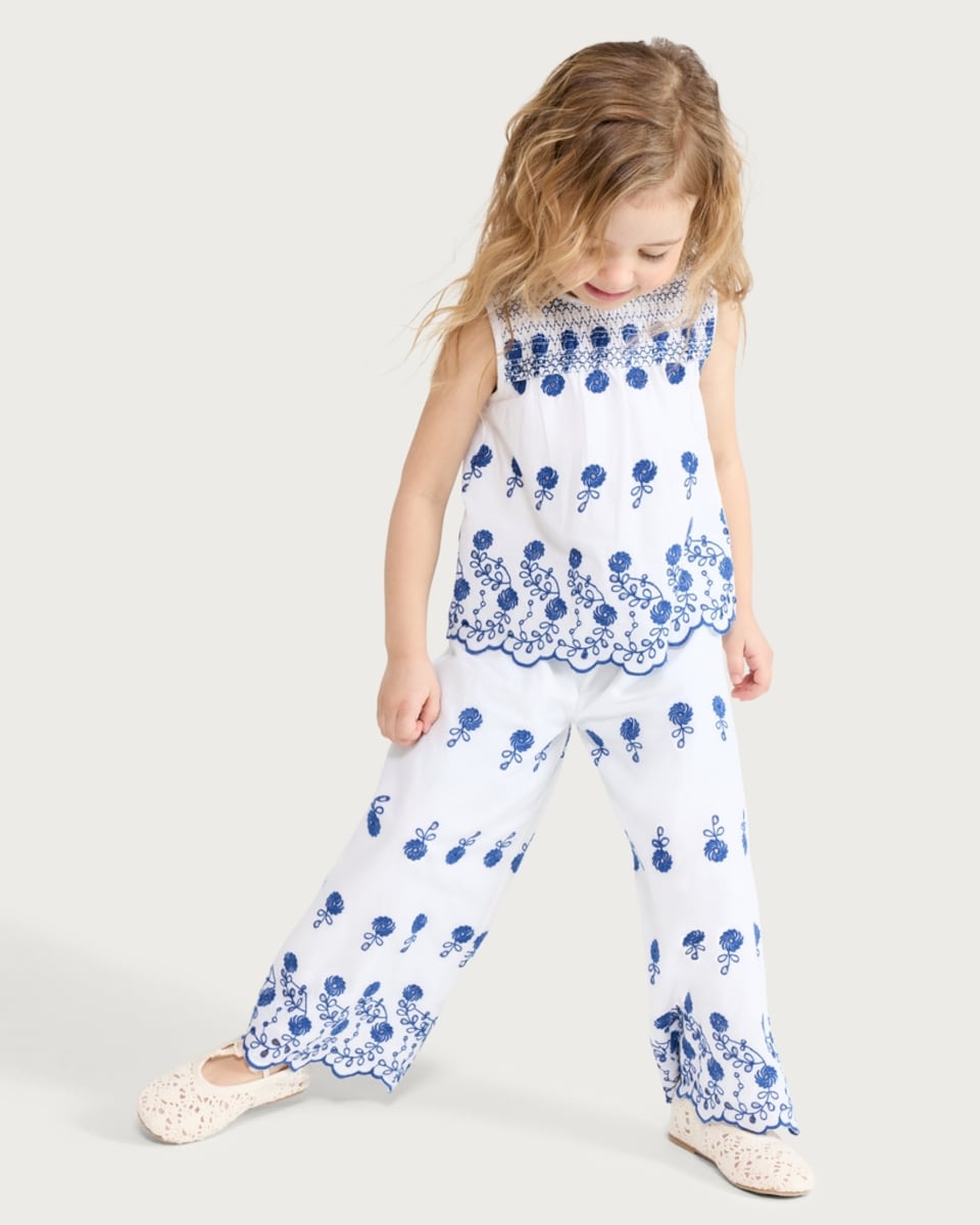 image 1 of F&F Girls 2-Piece Pure Cotton Embroidered Top and Trousers in Blue