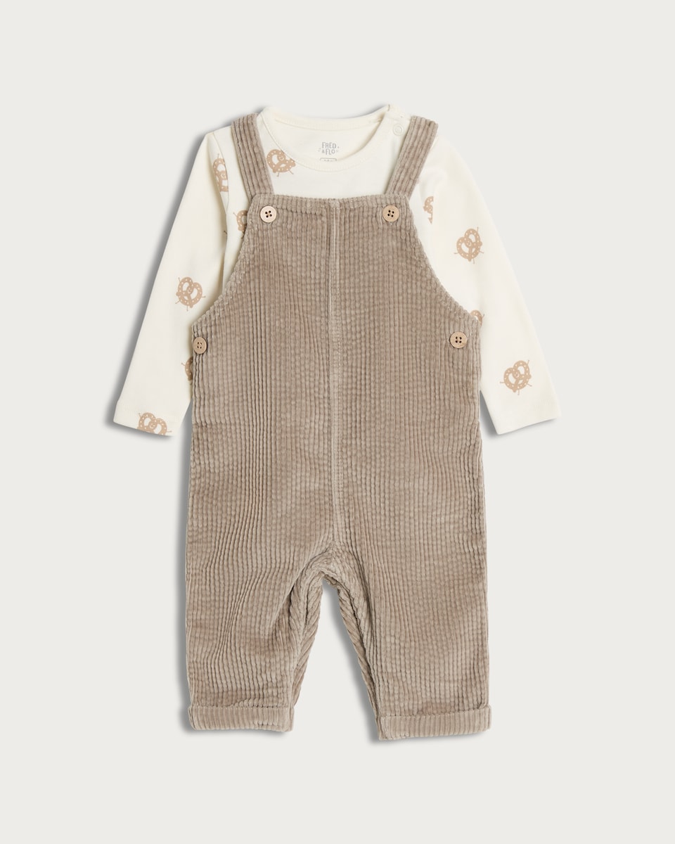 image 1 of F&F Baby 2-Pack Pure Cotton Corduroy Dungarees and Pretzel Print Bodysuit Set in Tan