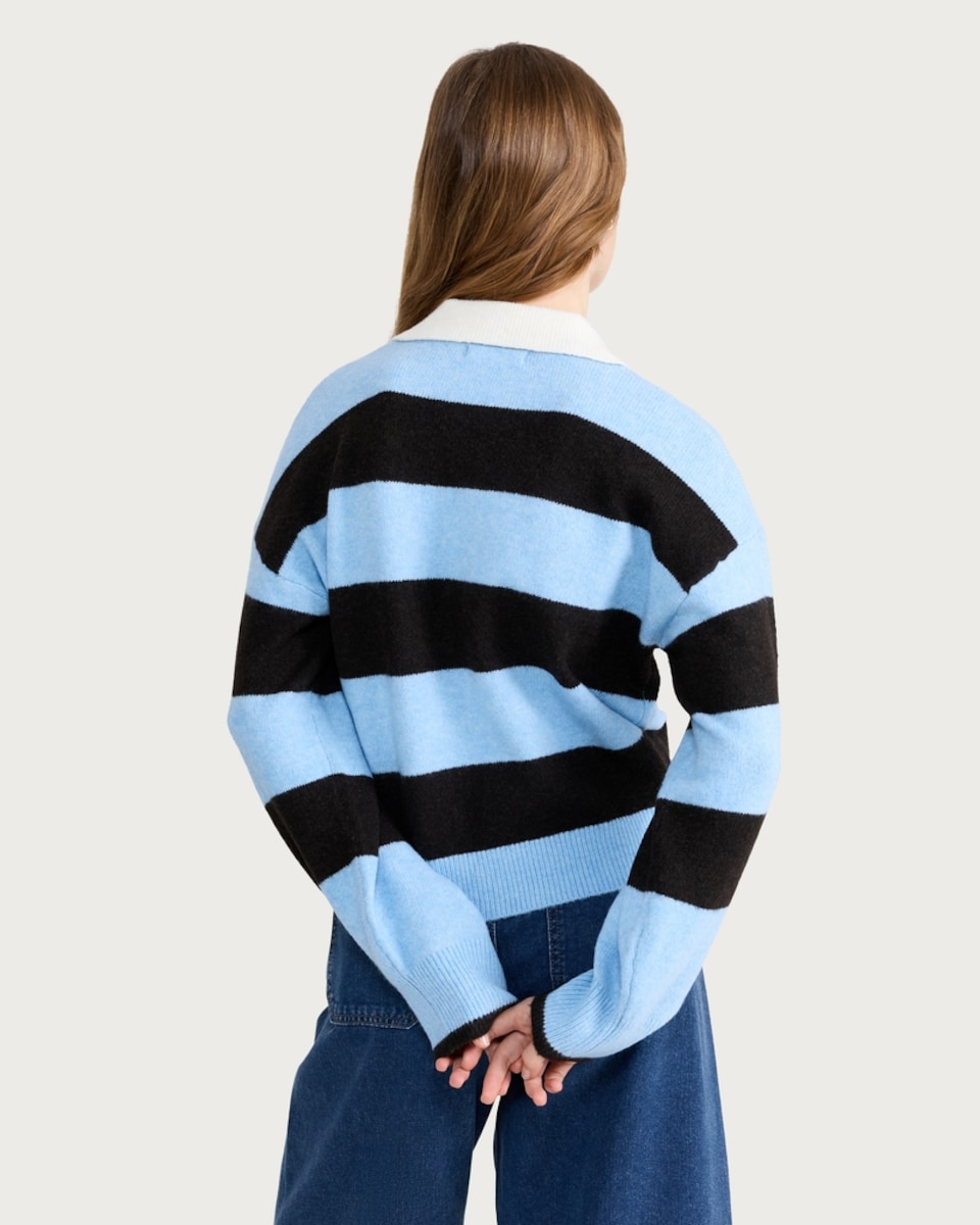 image 1 of F&F Knitted Stripe Rugby Shirt in Multi Blue